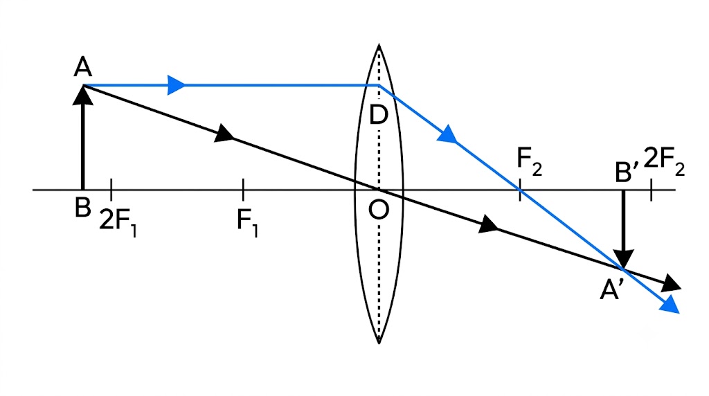Fig. 5.32 Image formation by a convex lens for the object beyond 2F1